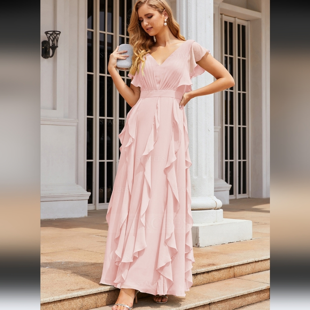AW Bridal A-line V Neck Short Sleeve Long/Floor-Length Chiffon Bridesmaid Dress